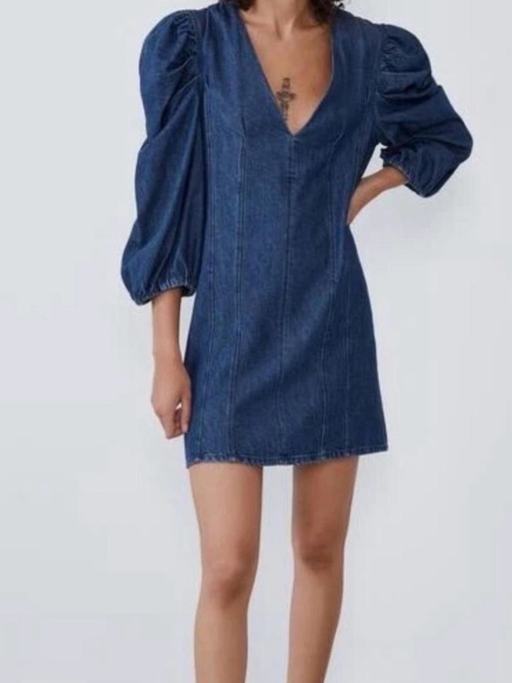 ZARA Denim Puff Sleeve Dress in Medium Blue